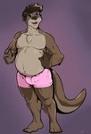 anthro belly blue_eyes bottomwear brown_body brown_fur brown_hair chest_tuft clothing feet fur hair hotpants looking_at_viewer male membrane_(anatomy) multicolored_body navel open_mouth otter_tail pink_bottomwear pink_clothing pink_hotpants pink_shorts shorts simple_background smile smiling_at_viewer solo standing teeth tongue tuft two_tone_body webbed_hands whiskers pandottermon mammal mustelid otter 2019 hi_res