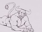 anthro biceps butt horn looking_at_viewer lying lying_on_ground male musclegut muscular muscular_anthro muscular_male nipples on_front on_ground open_mouth pecs raised_tail smile smiling_at_viewer solo tail tail_tuft trapezius triceps tuft vein veiny_muscles papyreit bovid bovine cattle mammal