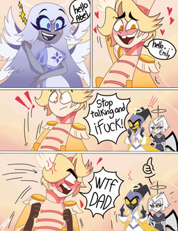 angry anthro blush blushing_profusely cross-popping_vein dialogue exclamation_point eyebrows female flirting freckled_face freckles frown gesture group halo hand_gesture heart_symbol heaven male marching_band_uniform mask middle_finger multi_wing narrowed_eyes nervous open_mouth orange_eyes purple_eyes raised_eyebrows spread_wings text thumbs_up wide_eyed wings wtf_face thetitn20119578 hazbin_hotel hellaverse abel_(hazbin_hotel) adam_(hazbin_hotel) emily_(hazbin_hotel) lute_(hazbin_hotel) angel angel_humanoid humanoid seraph_(angel) comic english_text hi_res father_(lore) father_and_child_(lore) father_and_son_(lore) parent_(lore) parent_and_child_(lore) parent_and_son_(lore) son_(lore)