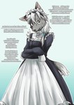 clothed clothing crossdressing cute_fangs fangs fur grey_body grey_fur hair looking_at_viewer maid_hat maid_uniform male simple_background solo teeth text uniform white_hair zarameyuki625 canid canine canis mammal character_request hi_res japanese_text romaji_text translation_request