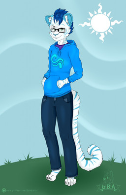 anthro blue_stripes clothed clothing eyewear fur glasses grass hoodie male outside plant solo stripes sun topwear white_body white_fur zombikiss felid mammal pantherine tiger hi_res