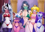 anthro big_breasts blonde_hair breast_size_difference breasts butt butt_from_the_front camel_toe cleavage clothed clothing collar ear_piercing eyelashes female fingers flat_chested fur group hair harem horn larger_female legwear navel piercing pupils purple_hair red_sclera size_difference smaller_female smile spiked_collar spikes standing thigh_highs white_body wide_hips lennonblack friendship_is_magic hasbro helluva_boss mario_bros my_little_pony mythology nintendo sega sonic_the_hedgehog_(series) etsuko_yamanobe loona_(helluva_boss) princess_peach rarity_(mlp) rouge_the_bat bat canid canid_demon canine demon equid equine hellhound human mammal mythological_canine mythological_creature mythological_equine unicorn crossover hi_res