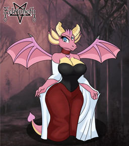 3_eyes 4_ears anthro big_breasts blue_eyes breasts cleavage clothed clothing collar dark dress fabric female forest horn membrane_(anatomy) membranous_wings multi_ear multi_eye multicolored_body pink_body plant solo tail tree two_tone_body wide_hips wings zelripheth activision mythology spyro_the_dragon ember_(spyro) dragon mythological_creature mythological_scalie scalie hi_res