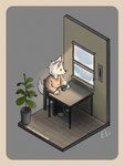 ambiguous_gender anthro beverage bruno_borker canid canine chair clothed clothing coffee coffee_mug container cup floor furniture hi_res looking_at_window mammal minimalism minimalist mug plant simple_background solo table tail tile tile_floor wall_(structure) window window_light