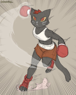 anthro boxing boxing_gloves boxing_shorts bra clothing female handwear motion_lines solo sport sports_bra underwear winding_up chamma_retsuden night_in_the_woods mae_borowski domestic_cat felid feline felis mammal hi_res