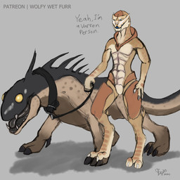 2_toes 3_fingers 3_toes anthro casual_nudity claws collar collar_only domestic_pet duo feet female feral fingers furries_with_pets leash male master nude paws size_difference teeth text toes tongue tongue_out wolfywetfurr_(artist) bioware electronic_arts mass_effect alien turian varren 1:1 absurd_res english_text hi_res