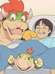 4_fingers anthro birth eyes_closed fingers group interspecies interspecies_pregnancy male open_mouth open_smile pregnant pregnant_male smile what_has_science_done junkpuyo mario_bros nintendo bowser bowser_jr. shigeru_miyamoto human koopa mammal scalie