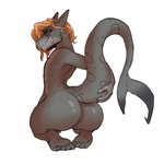 anthro arched_back big_butt big_tail butt feet female flat_chested grey_body hair holding_own_tail holding_tail huge_butt huge_tail kneeling looking_at_viewer looking_back nude orange_eyes orange_hair raised_tail side_cut smile smirk solo tail thick_thighs wide_hips neknli_(colorist) tzarvolver emille_selachi fish hybrid marine shark 1:1 2020 absurd_res hi_res