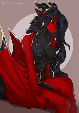 anthro areola biped black_areola black_body black_nipples breasts eyelashes female hair looking_at_viewer membrane_(anatomy) membranous_wings multicolored_body nipple_chain nipples nude pupils red_body sitting smile thick_thighs wings yasmil mythology dragon mythological_creature mythological_scalie scalie hi_res