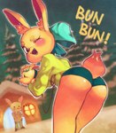 anthro bent_over blush butt clothing duo female male one_eye_closed open_mouth open_smile panties rear_view smile snow text underwear wink onimiere bunbun_npc_(undertale) cinnamon_(undertale) lagomorph leporid mammal rabbit absurd_res english_text hi_res