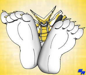 5_toes armor barefoot big_feet blue_eyes claws crossed_feet feet foot_fetish foot_focus gold_(metal) gold_armor gradient_background hands_behind_back humanoid_feet looking_at_viewer plantigrade simple_background soles toe_claws toes white_feet yellow_background ryoosakuling bandai_namco digimon mythology digimon_(species) dragon mythological_creature mythological_scalie omega_shoutmon reptile scalie