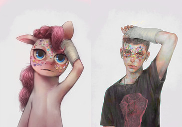 bandage blue_eyes button_(fastener) clothing comparison duo female feral fur hair long_hair male pink_body pink_fur pink_hair shirt simple_background topwear crookedtrees ydkmorimoe friendship_is_magic hasbro my_little_pony pinkie_pie_(mlp) earth_pony equid equine horse human mammal pony bad_metadata missing_sample
