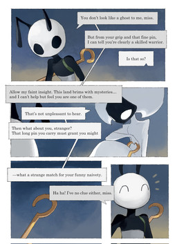^_^ antennae_(anatomy) anthro backpack bar_emanata biped black_body black_eyes detailed_background dialogue emanata empty_eyes eye_contact eyes_closed female female_humanoid grey_body looking_at_another male male_anthro mouthless sitting smile speech_bubble talking_to_another text white_body white_eyes darkdog hollow_knight:_silksong hollow_knight_(franchise) team_cherry lace_(hollow_knight:_silksong) seth_(hollow_knight:_silksong) arthropod humanoid 2025 comic digital_drawing_(artwork) digital_media_(artwork) english_text hi_res