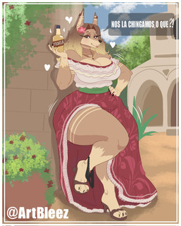 alcohol anthro bare_shoulders beverage big_breasts black_clothing black_nails black_nose black_panties black_underwear blonde_hair border bottle breasts cleavage clothed clothing clothing_around_one_leg colored_nails container cross cross_necklace curvy_figure detailed_background dialogue dress ear_piercing ear_ring eyebrows eyelashes female floral_print floral_print_dress footwear fur green_eyes hair hand_on_hip heart_symbol high_heels holding_bottle holding_container holding_object jewelry long_dress long_eyelashes long_hair looking_at_viewer nails necklace outside panties panties_around_ankle panties_around_one_leg panties_down partially_clothed piercing puebla_dress ring_piercing shoes smile solo speech_bubble standing tan_body tan_fur tequila text thick_thighs twitter_handle underwear underwear_around_one_leg underwear_down voluptuous white_border wide_hips bleez_art arely_(bleez_art) canid canine canis dobermann domestic_dog mammal pinscher 2026 artist_name hi_res spanish_text translation_request