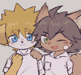 anthro brown_body brown_fur brown_hair clothing duo fur green_eyes grey_background hair kemono looking_at_viewer male one_eye_closed open_mouth shirt simple_background smile topwear wink winking_at_viewer yellow_body yellow_fur young young_anthro young_male thesandwich15 cyberconnect2 little_tail_bronx solatorobo arzane_(solatorobo) frito_(solatorobo) canid canine caninu canis domestic_cat domestic_dog felid feline felineko felis mammal 2025 half-length_portrait hi_res portrait