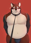 anthro belly big_belly blush bulge first_person_view leash leashing_pov male musclegut muscular muscular_male navel nipples overweight overweight_male pecs simple_background solo acario_(artist) echo_(game) echo_(series) echo_project leo_alvarez canid canine canis mammal red_wolf wolf absurd_res hi_res