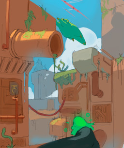 acrobatic_overweight acrobatics ambiguous_gender big_tail black_body black_eyes building cloud cloudy_sky feral grass green_body green_head jumping moss overweight overweight_ambiguous overweight_feral parkour plant running sky solo sunny tail urban_decay citrusslugcat rain_world videocult citrus_(slugcat) green_lizard_(rain_world) lizard_(rain_world) slugcat