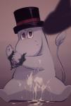 anthro blush bodily_fluids bound clothing cum cum_on_belly cum_on_body cum_on_ground disembodied_penis duo genital_fluids genitals hat headgear headwear humanoid_hands male penis sitting solo_focus imotaco the_moomins moominpappa moomin 2019 hi_res