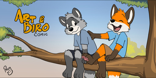 anthro blue_bottomwear blue_clothing blue_shirt blue_shorts blue_t-shirt blue_topwear bottomwear brown_bottomwear brown_clothing brown_shorts closed_smile clothed clothing duo eyes_closed front_view fur glistening glistening_eyes gloves_(marking) grey_body grey_fur in_tree leg_markings logo male markings mouth_closed open_mouth open_smile orange_body orange_fur outside plant shirt shorts sitting smile socks_(marking) t-shirt topwear tree white_body white_fur young young_anthro young_male pandapaco art_(pandapaco) biro_(pandapaco) canid canine fox mammal procyonid raccoon artist_logo hi_res signature