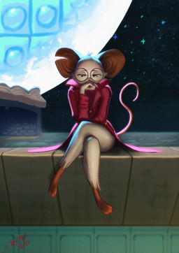 anthro big_ears bottomless bottomless_female clothed clothing crossed_legs eyewear female front_view fur glasses longcoat night notched_ear red_clothing round_glasses sitting sitting_on_ledge sky solo tail wearing_glasses white_body white_fur vulpesnay mina_the_hollower yacht_club_games mina_(mina_the_hollower) mammal mouse murid murine rodent absurd_res hi_res