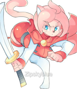 blue_eyes female fur melee_weapon pink_body pink_fur solo sword weapon zipskyblue meredith_(zipskyblue) animal_humanoid cat_humanoid felid felid_humanoid feline feline_humanoid humanoid mammal mammal_humanoid hi_res