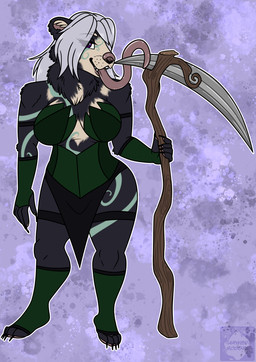anthro clothing dress druid female fingerless_gloves gloves handwear legwear long_tongue magic_user melee_weapon polearm scythe shirt solo tongue topwear tribal_spellcaster tunic weapon woad arwenscoots conditional_dnp bear mammal sloth_bear ursine hi_res