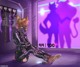 ambiguous_gender anthro arms_tied balls barefoot bdsm belt binder_(restraint) bondage bondage_gear bound buckle chain clothing collar feet gag gagged genitals group heavy_bondage imminent_sex latex latex_clothing latex_skinsuit legbinder legs_tied male muzzle_(object) muzzled purple_eyes restraints sex_slave silhouette sitting skinsuit slave solo_focus straitjacket tight_clothing window 100racs bovid canid canine fox mammal absurd_res digital_drawing_(artwork) digital_media_(artwork) hi_res