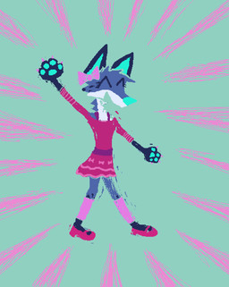 anthro blue_body blue_fur clothing dress female footwear fur happy open_mouth open_smile pink_bow pink_clothing pink_dress pink_footwear pink_shoes pink_socks shoes simple_background smile socks solo teal_background demensa emil_(demensa) canid canine canis coyote domestic_dog mammal 2024 full-length_portrait hi_res portrait