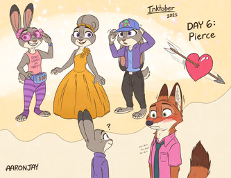 4_fingers anthro baseball_cap black_nose blush bottomwear clothed clothed_anthro clothed_female clothed_male clothing count cupid's_arrow day_count dress duo ears_as_hair eyewear female female_anthro fingers fur glasses green_eyes grey_body grey_fur hair_bun_ears hat headgear headwear heart_glasses heartbeat humanoid_hands larger_anthro larger_male love male male/female male_anthro necktie pants pink_nose purple_eyes question_mark red_body red_fur shirt size_difference smaller_anthro smaller_female tail tank_top text thought_bubble topwear white_body white_fur aar0njay disney inktober inktober_2025 zootopia judy_hopps nick_wilde canid canine european_rabbit fox lagomorph leporid mammal oryctolagus rabbit red_fox true_fox 2025 english_text