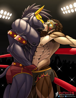 abs anthro armpit_hair audience blush body_hair crotch_grab duo fighting_ring grope group kissing male male/male mask muscular nipples surprised text wrestling iudicium86 bovid bovine cattle felid lion mammal pantherine hi_res url