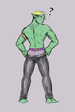 armband back_muscles barefoot blonde_hair bottomwear butt clothing feet glistening glistening_clothing green_body green_skin hair humanoid_pointy_ears male muscular muscular_humanoid not_furry pants pointy_ears solo tight_bottomwear tight_clothing underwear itskatieclearly drawfee_(copyright) drawtectives gyorik_rogdul humanoid orc 2:3 hi_res