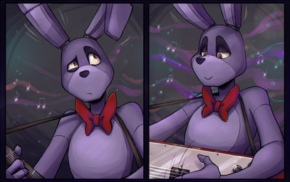 4_fingers anthro bow_(feature) bow_tie electric_guitar fingers guitar holding_musical_instrument holding_object long_ears machine male motion_lines musical_instrument musical_note musical_symbol nude playing_guitar playing_music plucked_string_instrument purple_body solo string_instrument symbol nobody_(artist) five_nights_at_freddy's flying_v gibson scottgames bonnie_(fnaf) animatronic lagomorph leporid mammal rabbit robot comic