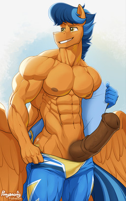 abs animal_genitalia animal_penis anthro biceps blue_hair bodysuit close-up clothed clothing deltoids equine_genitalia equine_penis erection feathered_wings feathers fur genitals hair male muscular muscular_anthro muscular_male nipples one_piece_suit orange_body orange_fur pecs penis skinsuit smile smirk smirking_at_another smirking_dom solo teasing teeth tight_clothing undressing undressing_self unzipped wings wonderbolts_uniform zipper ponyanony friendship_is_magic hasbro my_little_pony mythology lightning_rider wonderbolts_(mlp) equid equine horse mammal mythological_creature mythological_equine pegasus hi_res
