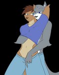 anthro arm_tuft blue_bottomwear blue_clothing blue_eyes blue_pants blue_shirt blue_topwear bottomwear brown_hair clothed clothing collarbone dancing dry_humping duo elbow_tuft fur fur_tuft grey_body grey_ears grey_fur grey_tail hair hand_on_chest hand_under_shirt male male/male male_focus pants partially_clothed shirt tail tan_body tan_ears tan_fur text topless topwear tuft kanashiipanda book_of_lust jake_hart mel_price canid canine canis mammal wolf 2023 animated english_text loop short_playtime