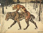 1940 20th_century ambiguous_gender ancient_art brown_body brown_fur canid canine canis cyrillic_text digitigrade duo feral fox fur ivan_bilibin mammal nude outside plant public_domain riding tan_body tan_fur teeth text tongue tongue_out traditional_media_(artwork) tree walking wolf