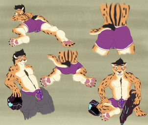 anthro armor bulge claws clothed clothing headgear helmet looking_at_viewer male multiple_poses paws pose solo topless vodcat planetside nolow_(character) cheetah felid feline mammal 2021