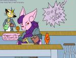 angry anthro apron bar_stool beverage bubble chair clothing container counter cup dialogue duo female food fur furniture gloves_(marking) hair male markings neck_tuft pika-cola pink_body pink_fur pip-boy plate pokemorph post-apocalyptic purple_body purple_fur purple_hair red_eyes rolled_up_sleeves sandwich_(food) sitting soda soda_bottle speech_bubble standing stool table text tuft vault_suit washcloth muniversalarts third-party_edit fallout fallout:_pca microsoft nintendo pokemon trixie_(swordfox) eeveelution espeon felid feline generation_1_pokemon generation_2_pokemon generation_6_pokemon mammal meowstic meowth pokemon_(species) 2016 color_edit colored crossover english_text