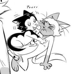 anthro blush blush_lines duo eyes_closed face_lick fangs fur hair hand_on_chest licking love lying male male/male on_another on_back purring romantic romantic_couple sharp_teeth simple_background smile tail teeth tongue white_background viat_on bunnicula_(series) bunnicula chester_(bunnicula) domestic_cat felid feline felis mammal siamese_cat vampire 2026 digital_media_(artwork) low_res monochrome
