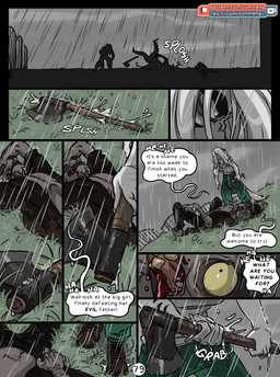 5_fingers axe blood bodily_fluids day detailed_background duo female fingers grass hair holding_axe holding_object male open_mouth outside plant raining teeth text tongue white_hair zummeng estella_(zummeng) felid feline mammal comic english_text hi_res