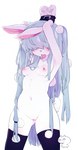 anthro blush bodily_fluids bound breasts clothing drooling female genitals hair legwear navel nipples open_mouth pussy saliva simple_background small_breasts solo standing thigh_highs niniidawns lagomorph leporid mammal rabbit digital_media_(artwork) hi_res