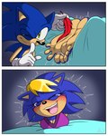 2_panel_comic 4_toes anthro barefoot blue_body bodily_fluids clothing feathers feet female foot_focus gloves green_eyes handwear laugh male motion_lines one_eye_closed soles tears tickling tickling_feet toes skoufidios archie_comics sega sonic_the_hedgehog_(archie) sonic_the_hedgehog_(comics) sonic_the_hedgehog_(series) bernadette_hedgehog sonic_the_hedgehog eulipotyphlan hedgehog mammal 4:5 hi_res mother_(lore) mother_and_child_(lore) mother_and_son_(lore) parent_(lore) parent_and_child_(lore) parent_and_son_(lore) son_(lore)