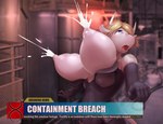 anthro big_breasts blonde_hair blue_eyes bodily_fluids breasts clothing female hair horn huge_breasts lactating milk news nipples open_mouth projectile_lactation skinsuit solo text tight_clothing transformation wardrobe_malfunction littlenapoleon megamilk_(character) bovid bovine mammal 2015 english_text