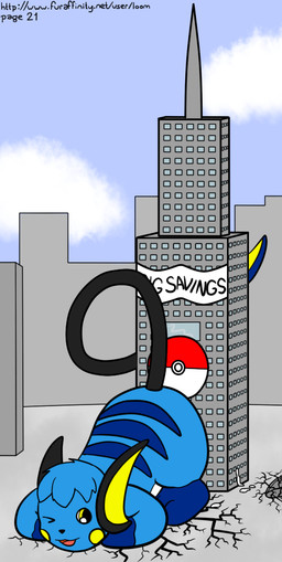 ambiguous_anthro ambiguous_fluids ambiguous_gender anthro banner belly big_ears black_body blue_body building city cloud cracked_ground cracks gloves_(marking) grinding head_tuft leg_markings long_tail macro markings pokeball pokeball_print sky skyscraper socks_(marking) striped_back tail text thick_thighs tower tuft unusual_anatomy unusual_tail white_belly white_body window yellow_cheeks yellow_eyes yellow_inner_ear mink_of_the_end nintendo pokemon generation_1_pokemon pokemon_(species) raichu 2012 url
