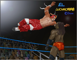 anthro bottomwear brown_body brown_fur clothing detailed_background duo fight fighting_ring fur hair hooves male male/male mask navel pants sports_mask sportswear standing text tusks wrestler wrestling wrestling_mask bigbadbear american_mythology mythology bovid caprine chupacabra goat mammal orc character_name colored