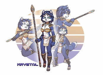 anthro arm_guards armor blue_body blue_fur bottomwear clothing female footwear fur fur_markings jewelry loincloth looking_at_viewer markings necklace sandals shin_guards shoes shoulder_guards solo staff tribal_outfit luraiokun nintendo star_fox krystal_(star_fox) canid canine fox mammal hi_res multiple_images