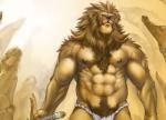 abs anthro asian_clothing biceps big_muscles biped black_nose brown_body brown_fur chest_tuft clothed clothing east_asian_clothing front_view fundoshi fur holding_object holding_weapon japanese_clothing looking_at_viewer looking_down male mane muscular muscular_anthro muscular_male navel nipples outside pecs pubes rock solo standing topless tuft underwear warrior weapon bomb_(artist) felid lion mammal pantherine 2016