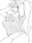 anthro bottomless breasts clothed clothing female hair looking_at_viewer ponytail shirt smile smiling_at_viewer solo text topwear ookamiwaho okami_bark canid canine canis mammal wolf 3:4 monochrome