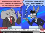 anthro black_hair clothing dialogue dialogue_box duo eyes_closed fur grey_body grey_fur grey_skin hair half-closed_eyes humor lectern male narrowed_eyes necktie open_mouth political_cartoon politics suit text tusks happyroadkill don_kennedy george_o._pillsburry asinus donkey elephant elephantid equid equine mammal proboscidean digital_drawing_(artwork) digital_media_(artwork) english_text flat_colors hi_res