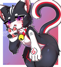 4_fingers anthro bell bell_collar black_body black_fur blush cat_smile collar fingers fur gesture hand_gesture inner_ear_fluff looking_at_viewer male multicolored_body multicolored_fur open_mouth pawpads paws purple_eyes red_body red_fur simple_background smile solo tail thick_thighs tongue tuft tufted_fur v_sign white_body white_fur chibi_catto chibi_(chibi_catto) domestic_cat felid feline felis mammal 2025 absurd_res digital_media_(artwork) hi_res
