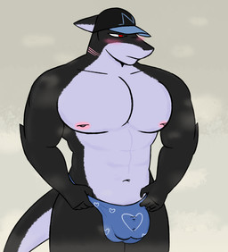 abs angry anthro blue_clothing blue_underwear blush bulge clothing detailed_bulge genitals hat headgear headwear male multi_genitalia multi_penis muscular muscular_male pecs penis red_eyes solo underwear shukk jim_ehrhardt_(shukk) aquatic fish shark absurd_res hi_res